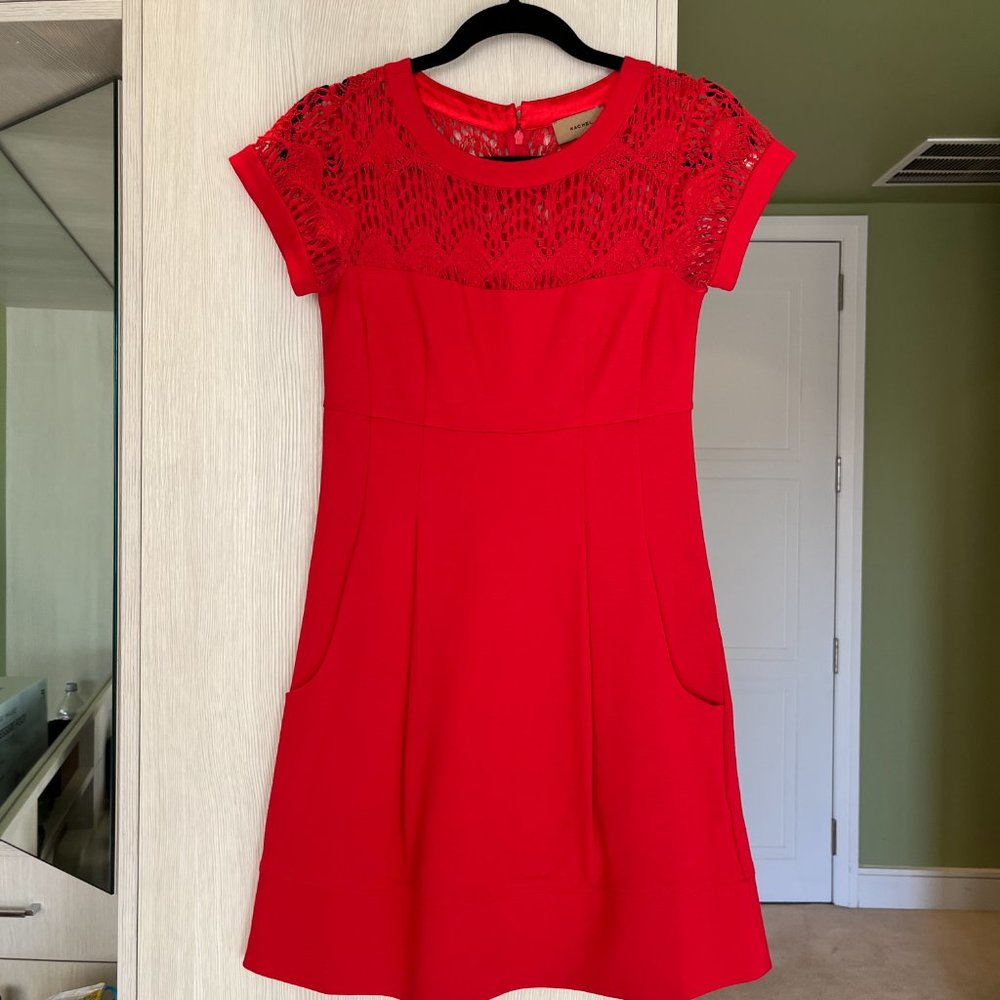 Anthropologie red lace dress with pockets size 2